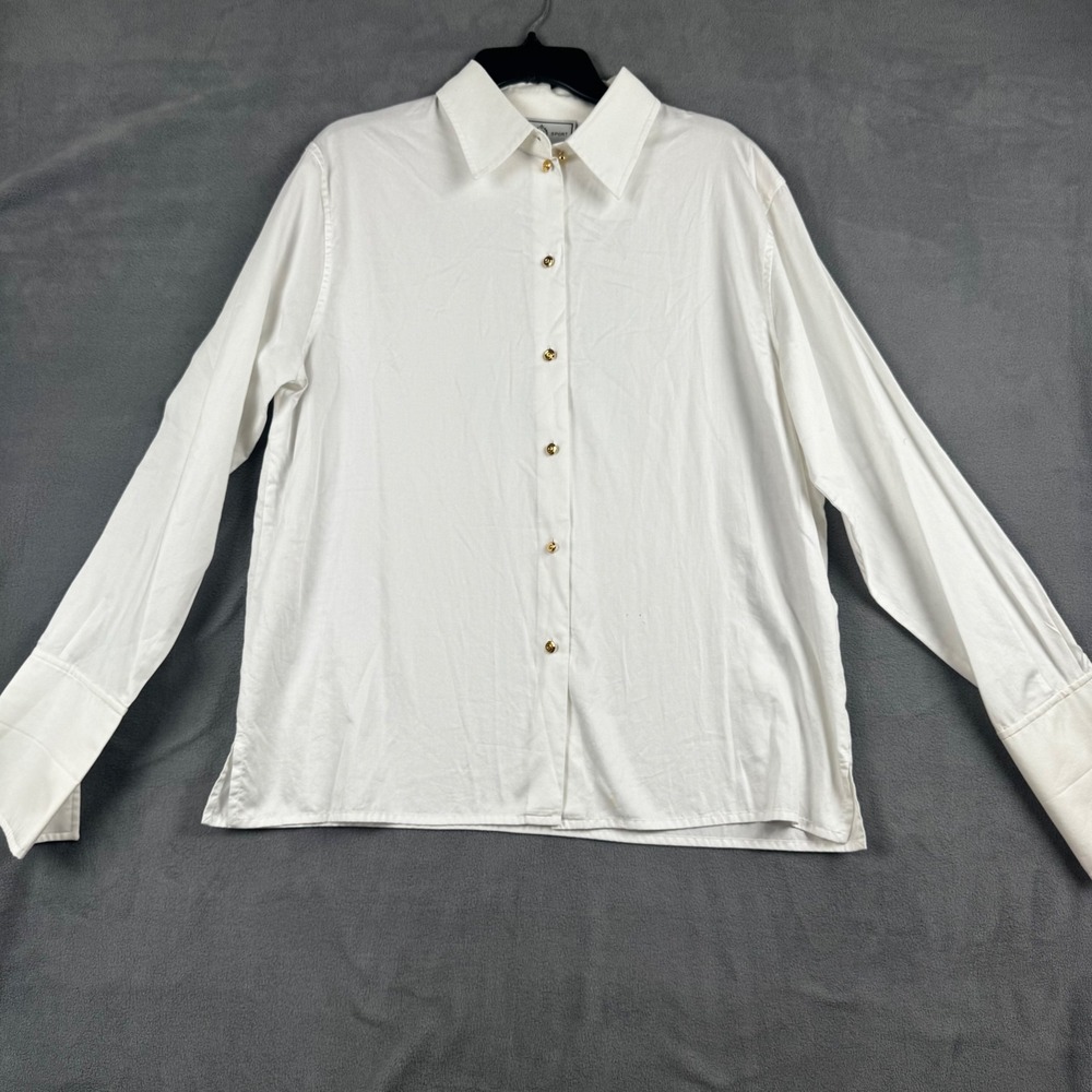 St. John Sport Marie Gray White Cotton Satin Gold Button Down Blouse Large